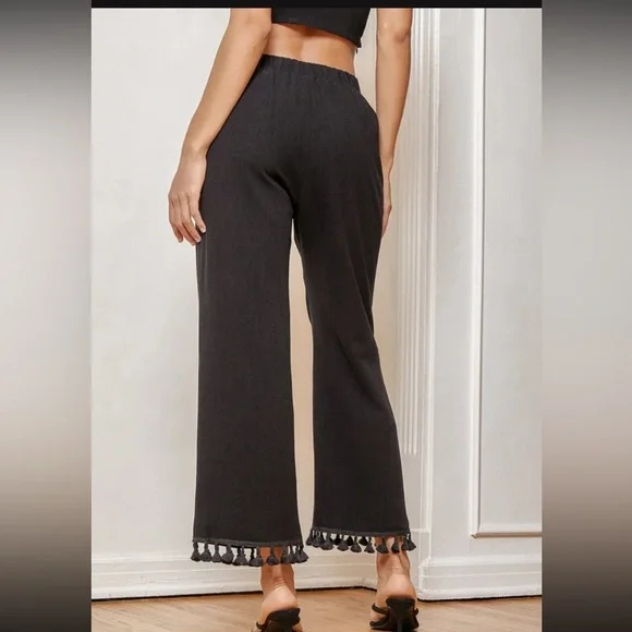 Linen Blend One Shoulder Tassel Crop Top & Wide-Leg Pants Set - Like New - Picture 8 of 17